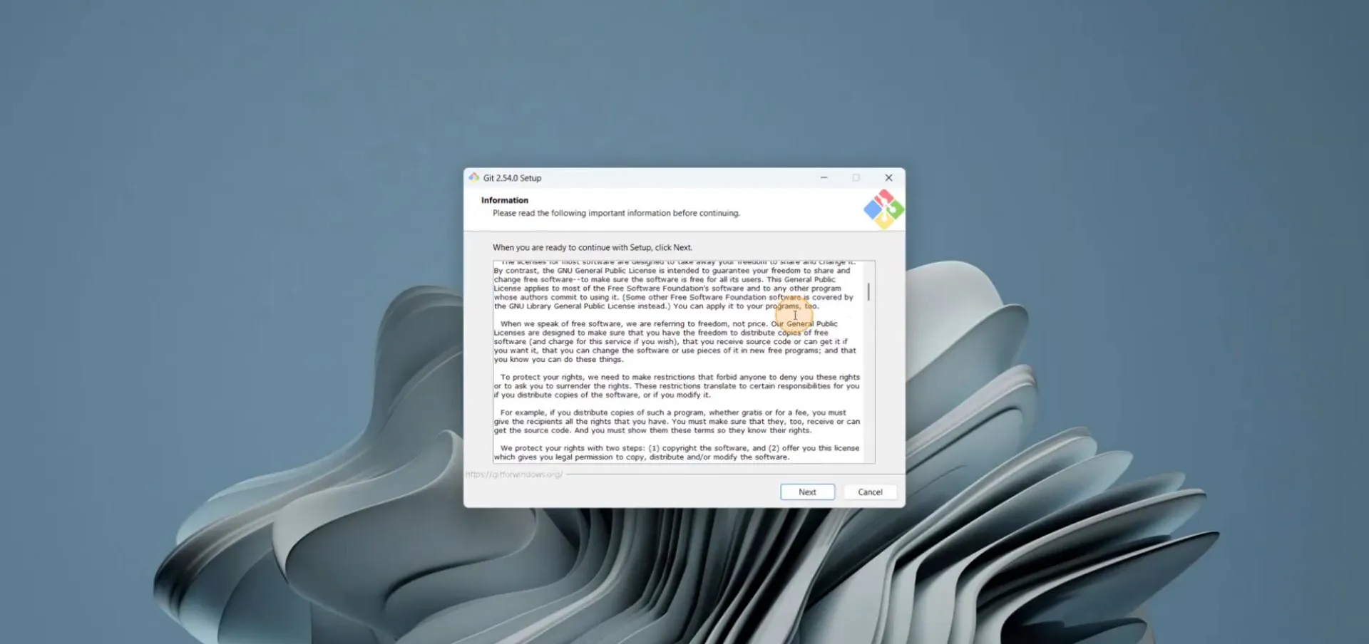 Git Setupの最初の画面。英語の利用条件が表示されている
