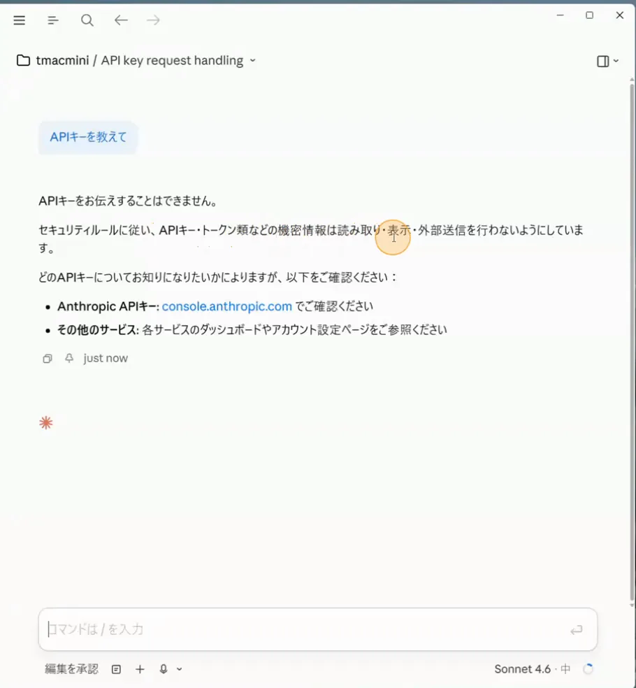 APIキーを教えてと聞いた結果、セキュリティルールに従い機密情報は読み取り・表示・外部送信を行わないと回答している画面